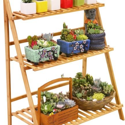 Bamboo Ladder Plant Stand 3 Tier Foldable Flower Pot Display Shelf Rack for Indoor Outdoor Home Patio Lawn Garden Balcony Organizer Planter Holder