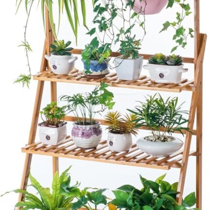 Bamboo 3-Tier Hanging Plant Stand Planter Shelves Flower Pot Organizer Rack Folding Display Shelving Plants Shelf Unit Holder